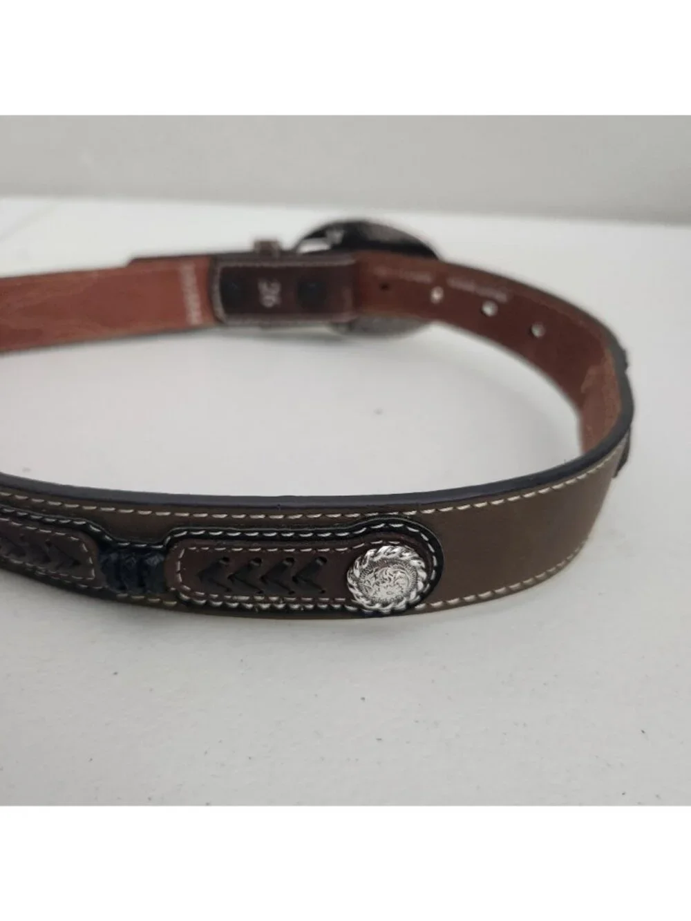 Cavenders Brown Leather Belt With Western Buckle & Detailing - Rodeo Style Pre-O